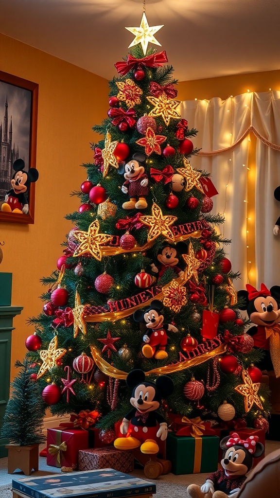 A Disney-themed Christmas tree adorned with Mickey Mouse ornaments and festive decorations in a cozy living room.